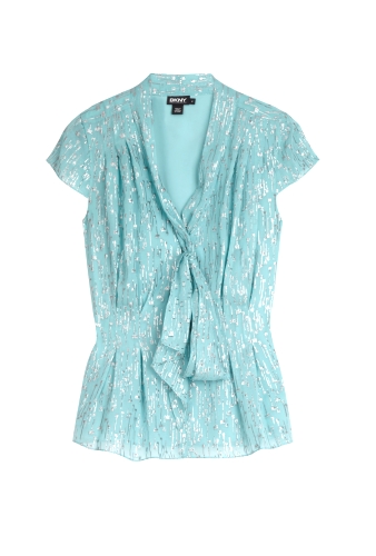 Aqua Metallic Raindrop Cap Sleeve Tie Blouse by DKNY