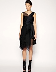 ASOS BLACK Silk Mix Asymmetric Pleat & Ruffle Dress