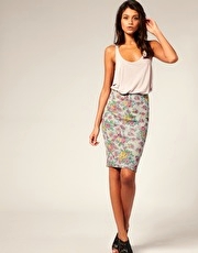 ASOS Floral Print Ribbed Jersey Pencil Skirt
