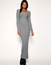 ASOS Mesh Neck Long Sleeve Ribbed Maxi Dress