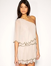 ASOS One Shoulder Dress with Scalloped Hem and Bead Embellishment