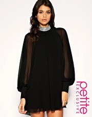 ASOS PETITE Exclusive Chiffon Dress With Diamante Embellished High Neck