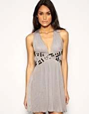 ASOS PREMIUM Pleated Slinky Embellished V Neck Dress