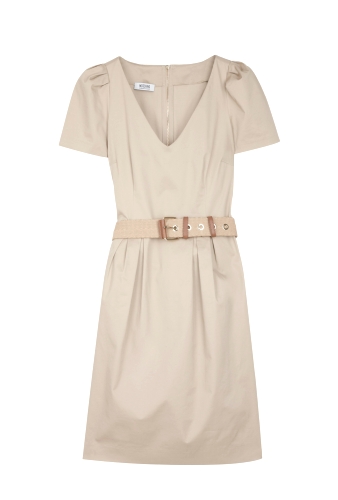 Beige Belted V Neck Shift Dress by Moschino Cheap & Chic