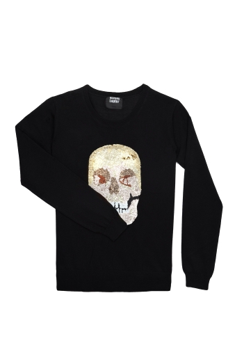 Black Sequined Skull Merino Crew Knit by Markus Lupfer
