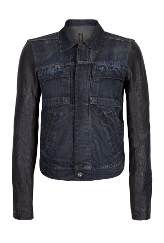 Blue Black Leather Sleeve Denim Jacket by Rick Owens DRKSHDW
