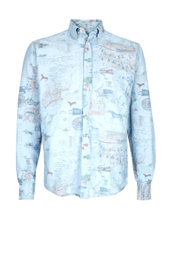 Blue Ethnic World Print Chambray Shirt by Our Legacy