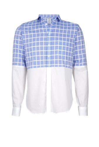 Blue Grid Check White Split Shirt by b Store