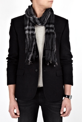 Dark Charcoal Check Crinkle Merino Cashmere Scarf by Burberr