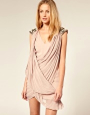 French Connection Silk Embellished Shoulder Grecian Dress
