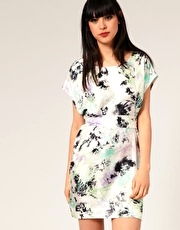 Full Circle Silk Foliage Print Tie Belt Mini Dress