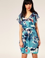 Full Circle Silk Smudgy Print Belted Dress