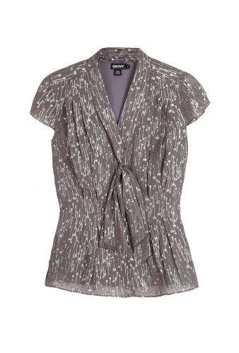 Grey Metallic Raindrop Cap Sleeve Tie Blouse by DKNY