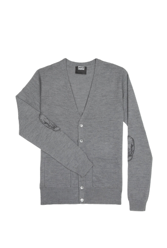 Grey Reverse Skull Elbow Merino Cardigan by Markus Lupfer
