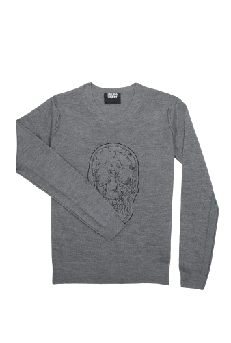 Grey Reverse Skull Merino Crew Knit by Markus Lupfer