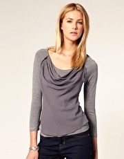 Karen Millen Luxe Grey Marl Three Quarter Sleeve T-Shirt with Silk Overlay