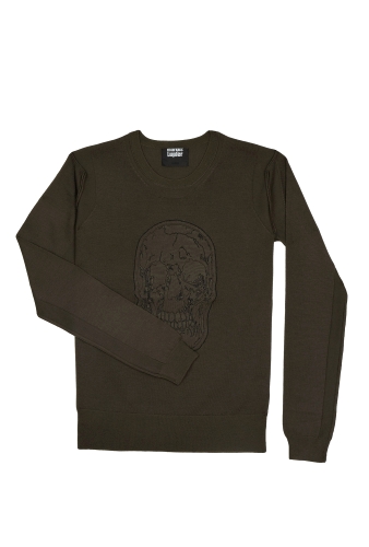 Khaki Reverse Skull Merino Crew Knit by Markus Lupfer