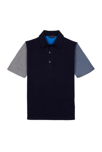 Navy and Grey Colour Block Broderic Polo by John Smedley