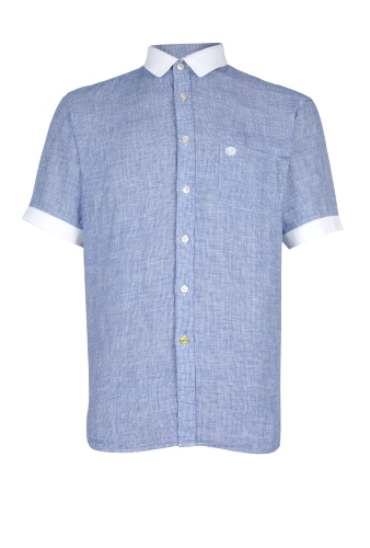 Navy Gingham Ribbed Collar Linen Shirt by Pretty Green