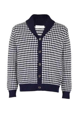 Navy Houndstooth Cotton Knit Cardigan by Universal Works