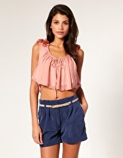Paprika Petal Shoulder Chiffon Cropped Top
