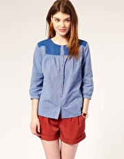 People Tree Contrast Panel Chambray Smock Top