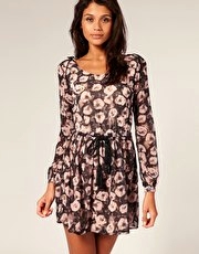 Rare Floral Print Rope Tassel Belt Chiffon Dress