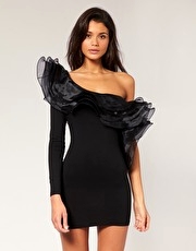 Rare One Sleeve Organza Ruffle Dress