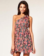 Rare Printed Rosette Floral Gathered Waist Dress