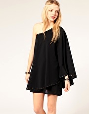 Reverse Stud Trim One Shoulder Cape Dress