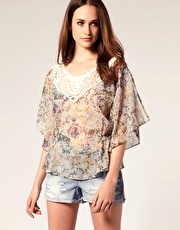 River Island Ditsy Print Top With Crochet Neck Detailing