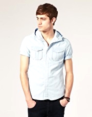 River Island Light Denim Hooded Short Sleeve Shirt