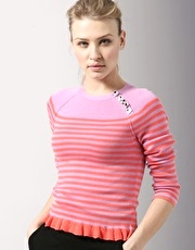 Sonia By Sonia Rykiel Stripe Knit Sweater with Frill Hem and Bee Buttons