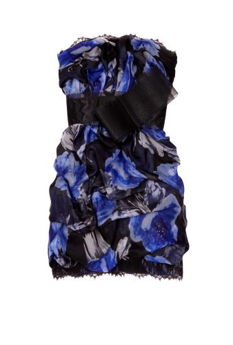 Strapless Print Ruche Lace Dress by Notte by Marchesa