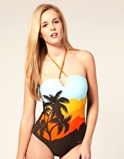 Sunseeker Sunset Print Halter Bandeau Swimsuit With Removable Cups