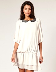 TFNC Layered Chiffon Dress With Sequin Collar And Open Sleeves