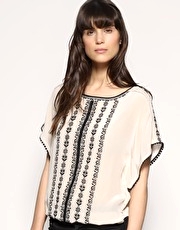 Warehouse Embroidered Batwing Silk Top