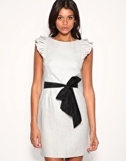 Warehouse Ruffle Sleeve Belted Linen Dress