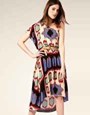 Warehouse Tribal Print One Shoulder Dress